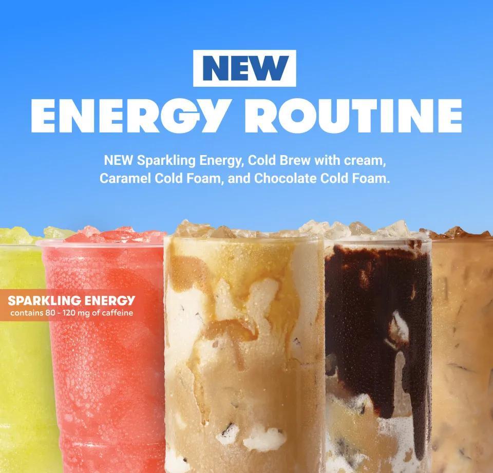 Wendy's new Sparkling Energy, Cold Brew with cream, Caramel Cold Foam, and Chocolate Cold Foam